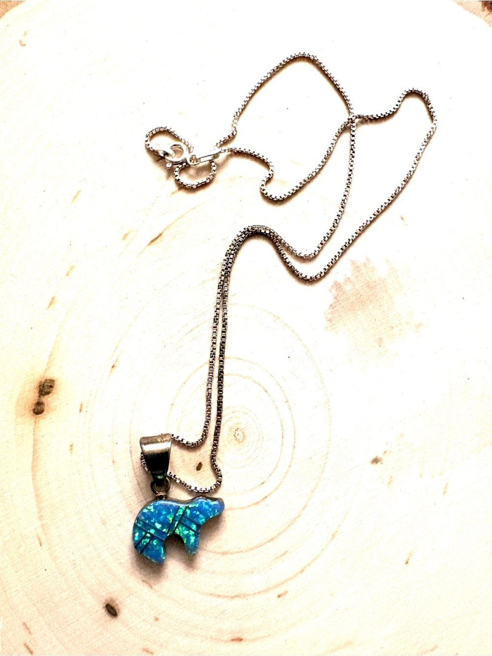 Sterling Silver Necklace with Blue Opal Bear Pendant by